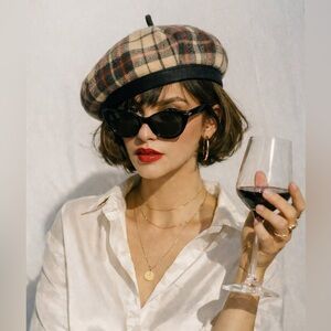 NWT Paris Plaid Wool Blend Beret French Vintage Style Adjustable Hat